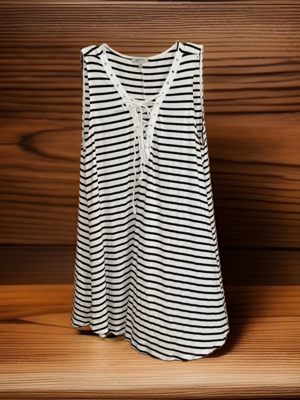 JODIFL White and Black Striped Lace-Up Sleeveless Midi Dress-L-EC